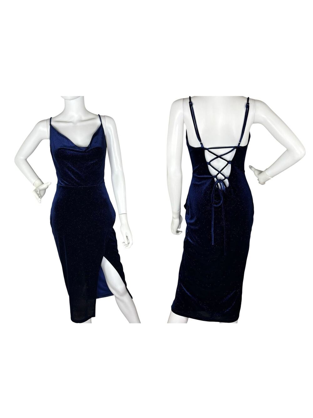 Lulus Midi Dress Velvet Lace Up Back Sparkly Whimsigoth Navy Blue Size M